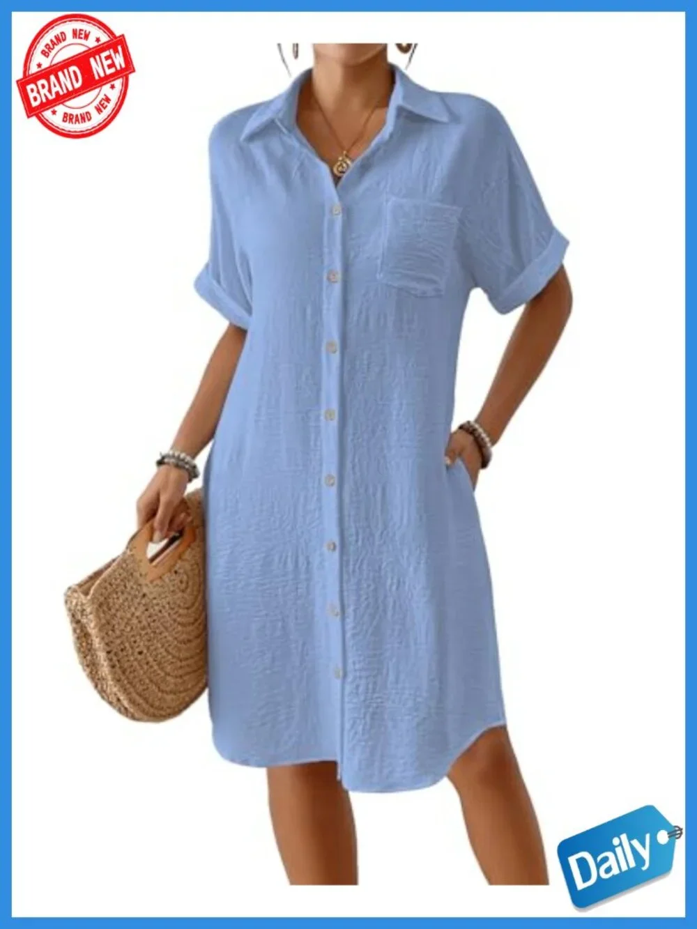 Women's Swim Coverup Button Down Short Sleeve Beach Shirt Dress with Pockets